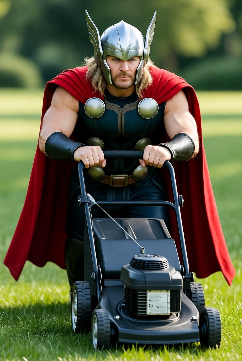 Thor mowing the lawn